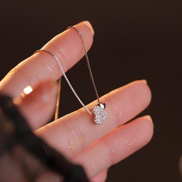 Sterling Silver Heart Necklace for Women 15.74" +2" Extender Gold Plated CZ - Picture 5 of 6